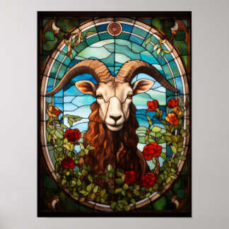 ステンドグラスのヤギの肖像画 花柄の楕円形の窓 🐐 ポスター