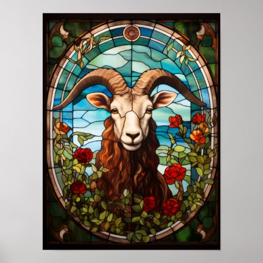 ステンドグラスのヤギの肖像画 花柄の楕円形の窓 🐐 ポスター (正面)