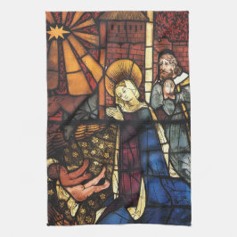 ステンドグラスのヴィンテージクリスマス出生シーン キッチンタオル