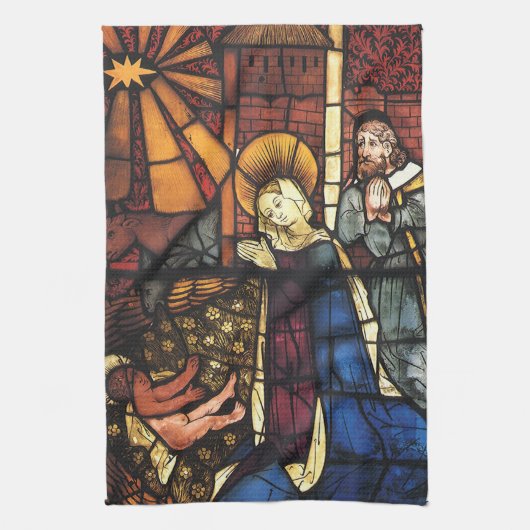 ステンドグラスのヴィンテージクリスマス出生シーン キッチンタオル (縦)
