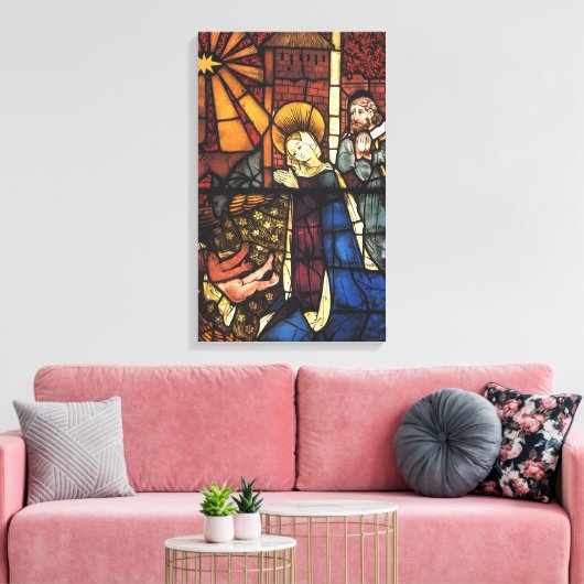 ステンドグラスのヴィンテージクリスマス出生シーン キャンバスプリント (インサイチュ (リビング))