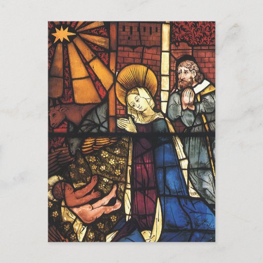 ステンドグラスのヴィンテージクリスマス出生シーン シーズンポストカード (正面)