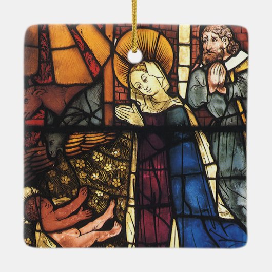 ステンドグラスのヴィンテージクリスマス出生シーン セラミックオーナメント (裏面)