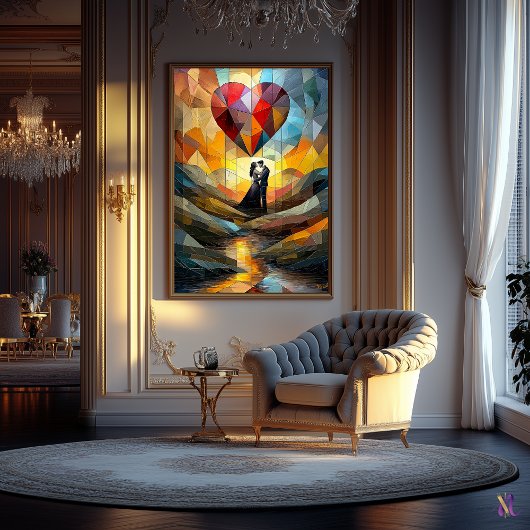 ステンドグラスの下でロマンチックな抱擁ハート ポスター