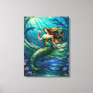 ステンドグラスの人魚アート キャンバスプリント