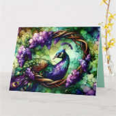ステンドグラスの孔雀と花輪のアート カード (黄色い花)