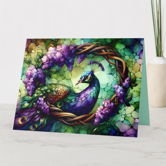 ステンドグラスの孔雀と花輪のアート カード (正面)