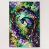 ステンドグラスの孔雀と花輪のアート ジグソーパズル (縦)