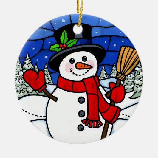 ステンドグラスの幸せな雪だるま セラミックオーナメント (正面)