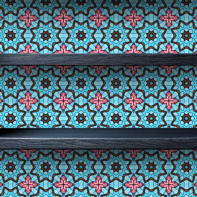 ステンドグラスの星が小さなプリントを破り交差 壁紙 (Stained Glass Star Bursts and Crosses Small Print Wallpaper on a shelf)