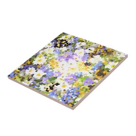 ステンドグラスの春の花の黄色のすみれ色の緑 タイル (側面)