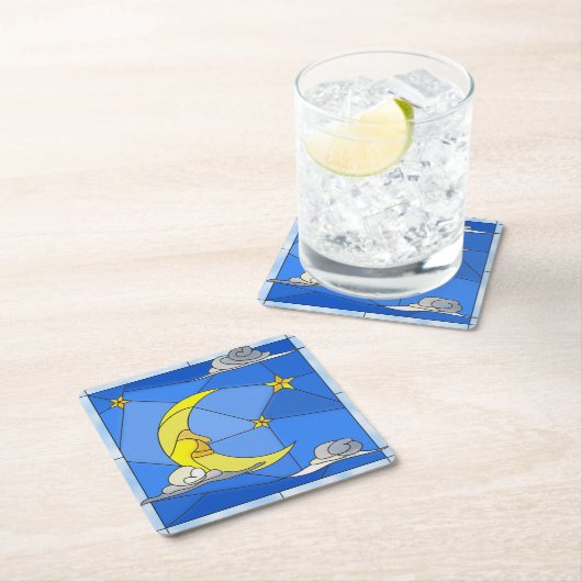 ステンドグラスの月、星、雲 スクエアペーパーコースター (インサイチュ)