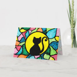 ステンドグラスの水彩画の黒の子猫の挨拶状 カード