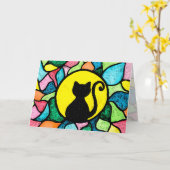 ステンドグラスの水彩画の黒の子猫の挨拶状 カード (黄色い花)