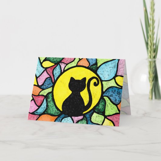 ステンドグラスの水彩画の黒の子猫の挨拶状 カード (正面)