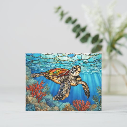 ステンドグラスの海亀が泳ぐ、サンゴ礁 ポストカード (スタンド正面)