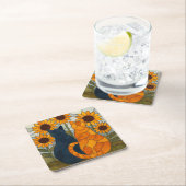 ステンドグラスの猫とひまわりのアートデザイン スクエアペーパーコースター (インサイチュ)