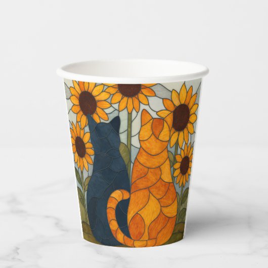 ステンドグラスの猫とひまわりのアートデザイン 紙コップ (正面)
