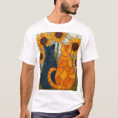 ステンドグラスの猫とひまわりのアートデザイン Tシャツ (正面)
