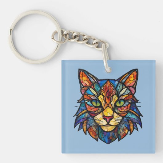 ステンドグラスの猫の詳細な顔 キーホルダー (正面)