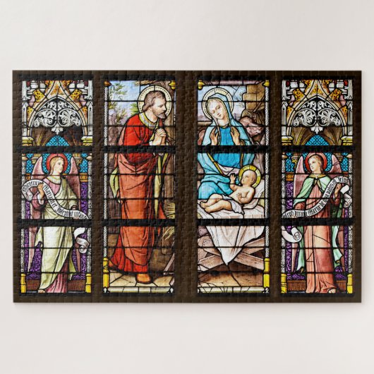 ステンドグラスの窓に聖なる出生を描いた ジグソーパズル (横)