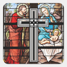ステンドグラスの窓の教会シーンJesus Stickers スクエアシール