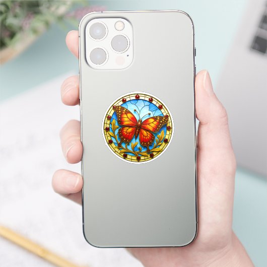 ステンドグラスの窓の蝶 シール (スマートフォン)