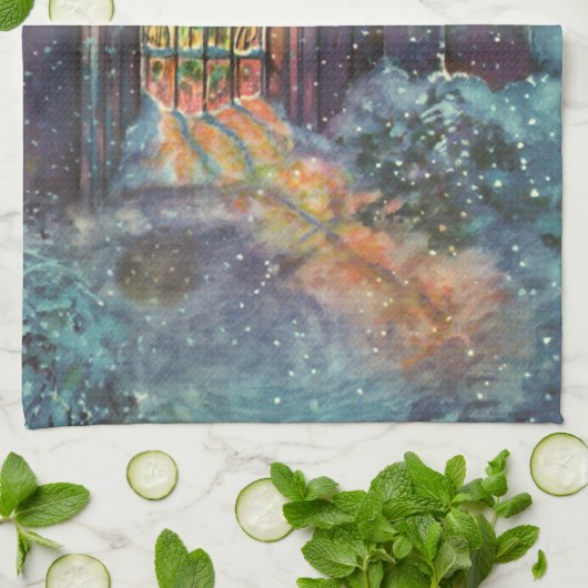 ステンドグラスの窓を持つヴィンテージクリスマス教会 キッチンタオル (折り畳み)