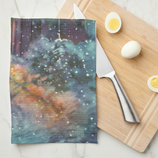 ステンドグラスの窓を持つヴィンテージクリスマス教会 キッチンタオル (四つ折り)