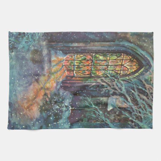 ステンドグラスの窓を持つヴィンテージクリスマス教会 キッチンタオル (横)