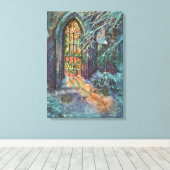 ステンドグラスの窓を持つヴィンテージクリスマス教会 キャンバスプリント (インサイチュ (ウッドフロア))