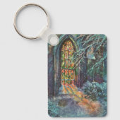 ステンドグラスの窓を持つヴィンテージクリスマス教会 キーホルダー (正面)