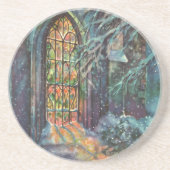 ステンドグラスの窓を持つヴィンテージクリスマス教会 コースター (正面)