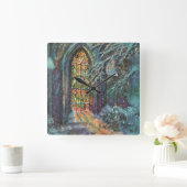 ステンドグラスの窓を持つヴィンテージクリスマス教会 スクエア壁時計 (ホーム)