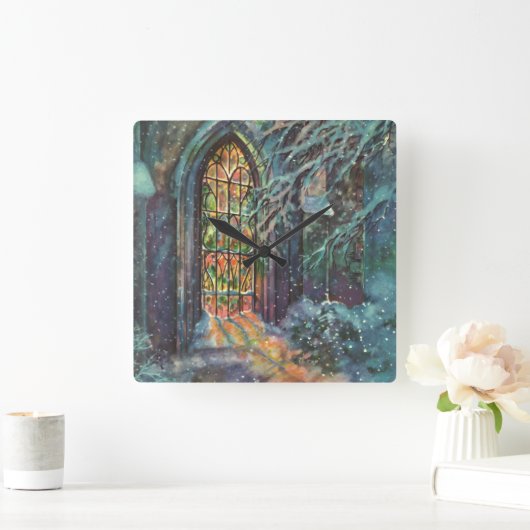 ステンドグラスの窓を持つヴィンテージクリスマス教会 スクエア壁時計 (ホーム)