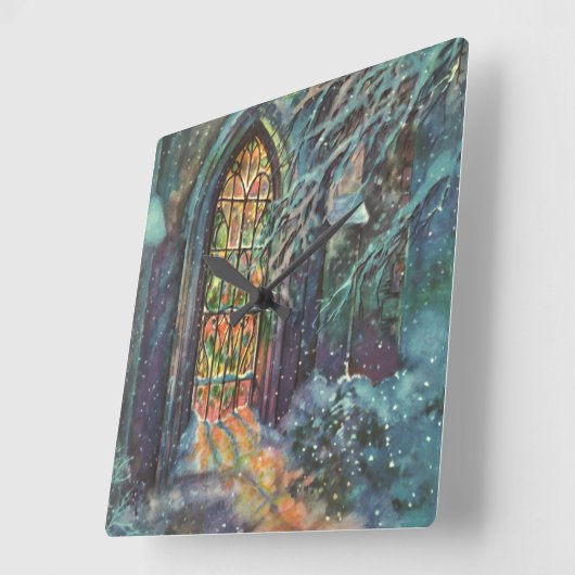 ステンドグラスの窓を持つヴィンテージクリスマス教会 スクエア壁時計 (傾斜)