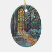 ステンドグラスの窓を持つヴィンテージクリスマス教会 セラミックオーナメント (裏面)