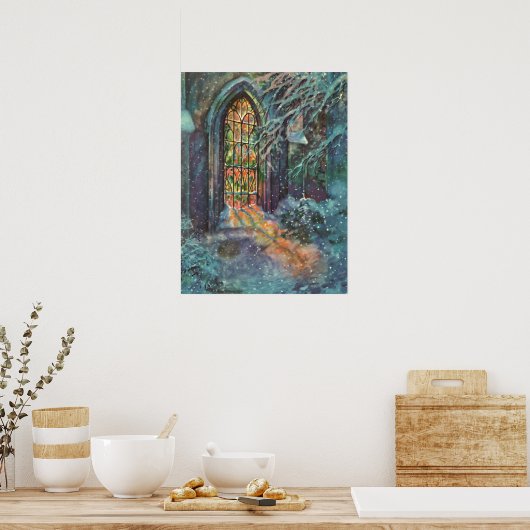 ステンドグラスの窓を持つヴィンテージクリスマス教会 ポスター (キッチン)