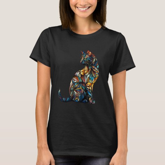 ステンドグラスの窓辺の猫アート Tシャツ (正面)