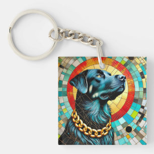 ステンドグラスの背景の黒犬 キーホルダー