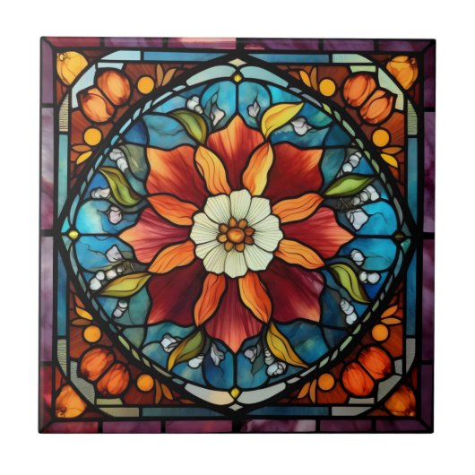 ステンドグラスの色鮮やかな花 タイル (正面)