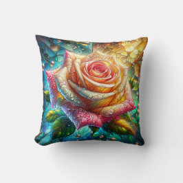 「ステンドグラスの輝き：バラの雨粒」 クッション