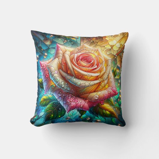 「ステンドグラスの輝き：バラの雨粒」 クッション (正面)