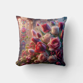 ステンドグラスの輝き：露のキスを受けたバラの花束 クッション