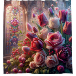 ステンドグラスの輝き：露のキスを受けたバラの花束 シャワーカーテン