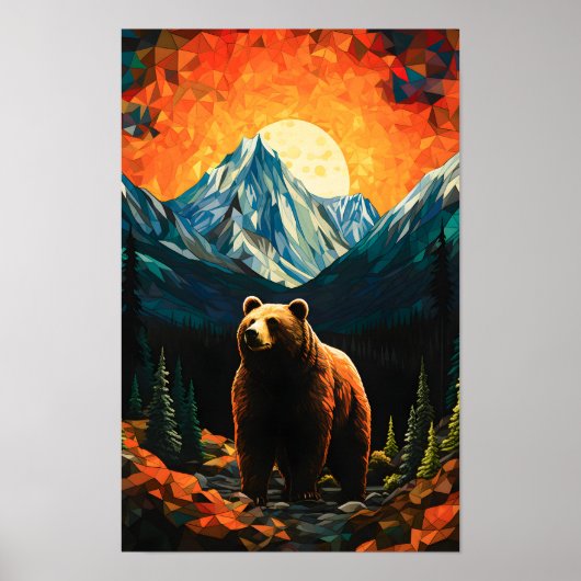 ステンドグラスの野生動物の山の夕焼けの熊 ポスター (正面)