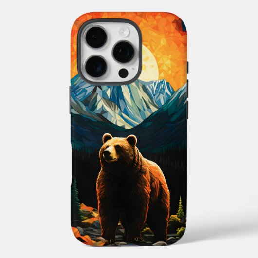 ステンドグラスの野生動物の山の夕焼けの熊 Case-Mate iPhoneケース (裏面)