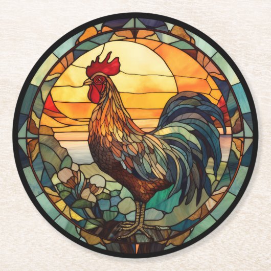 ステンドグラスの雄鶏 ラウンドペーパーコースター (正面)