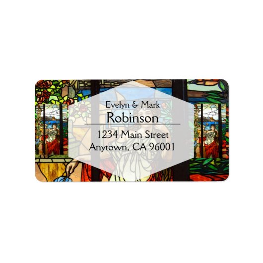 ステンドグラスは女性が座って見える。 ラベル (正面)