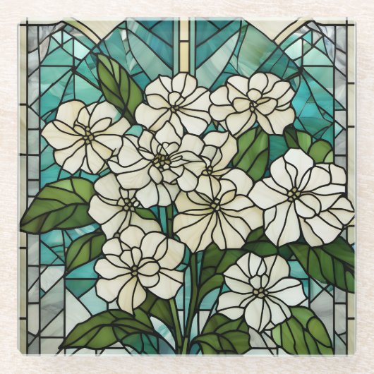 ステンドグラスアジサイイラストレーション ガラスコースター (正面)